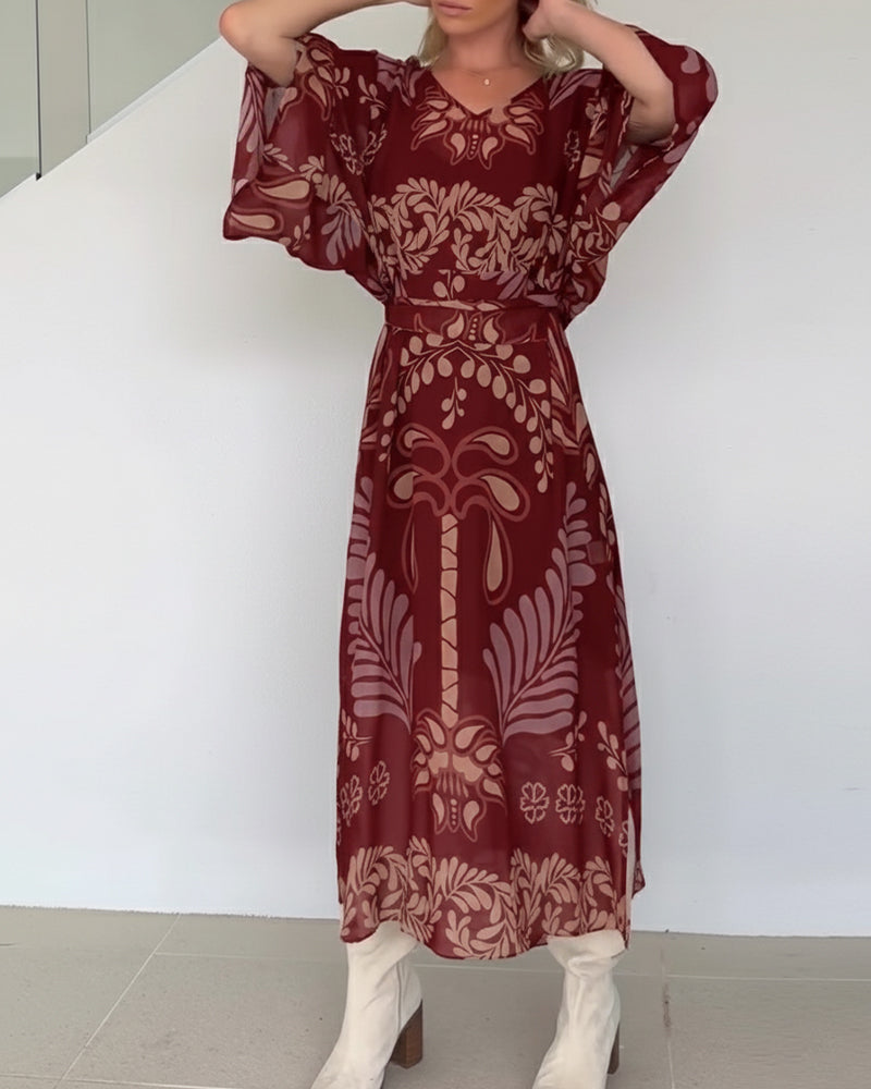 Praxellea - Boheemse maxi jurk voor vrouwen met V-hals en elegante bladerenprint