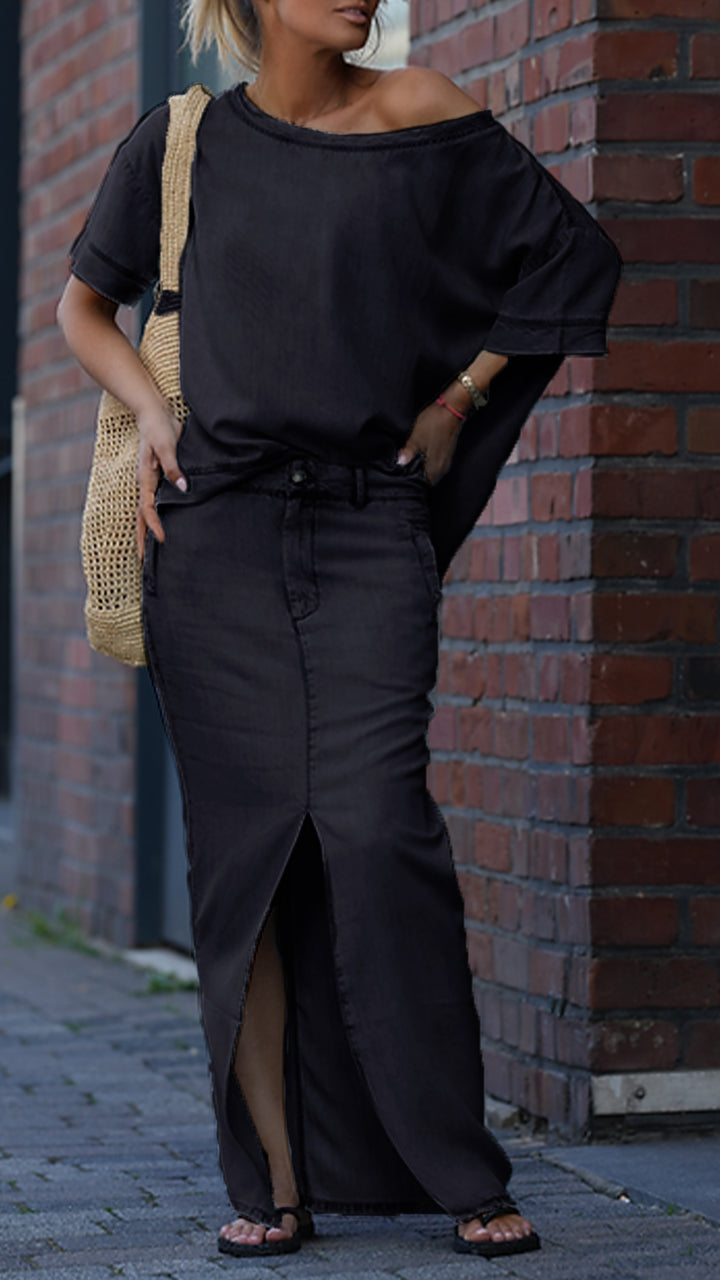 Mireya - Casual damesset in Tencel Denim met ronde halslijn