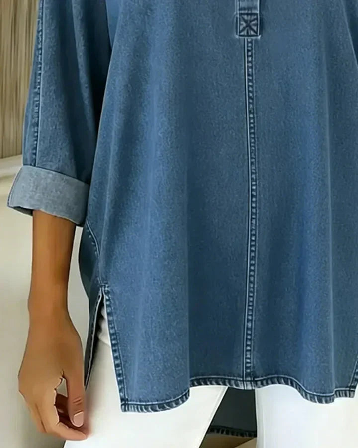 Heliravessa - Casual Denim Top met Knopen en V-hals