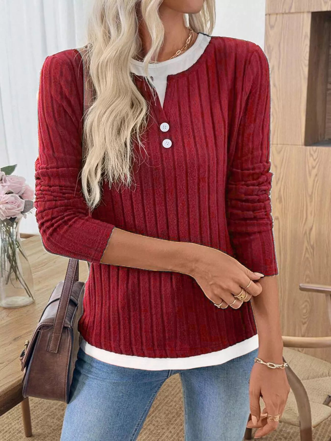 Kalivianne - Geribbelde Winter T-shirt met Lange Mouwen
