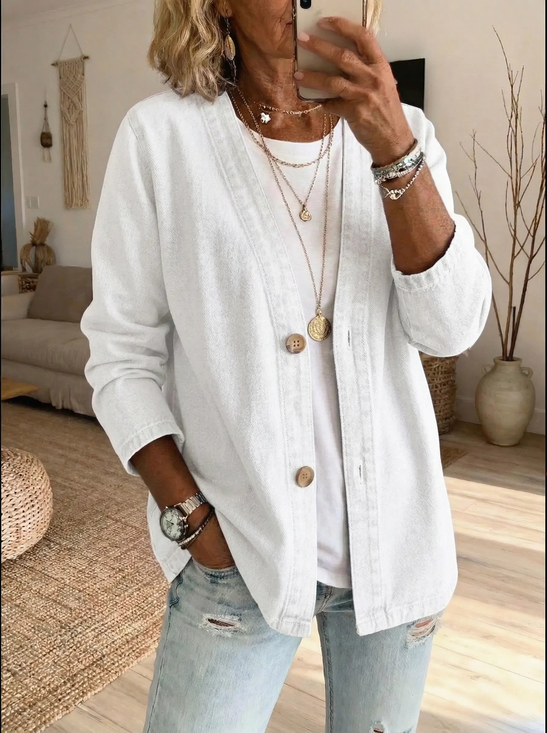 Oryxa - Dames Denim Jas Met Ruime Pasvorm en Knopen Casual Stijl