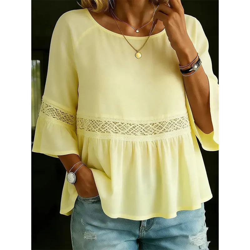 Evarielle - Damesblouse met kant en peplum met volantmouwen