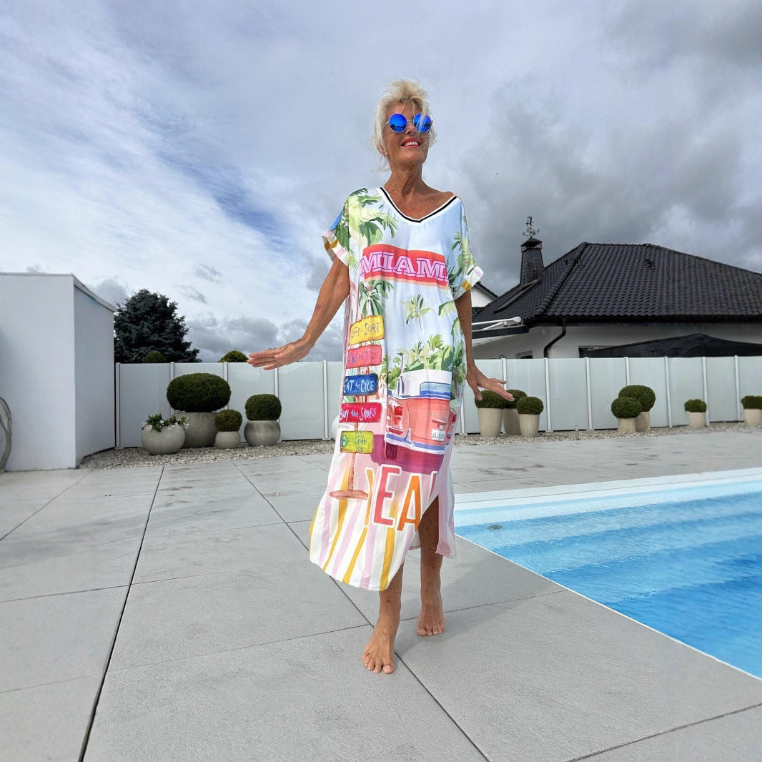 Cerelina - Dames zomerjurk met korte mouw en v-hals en print