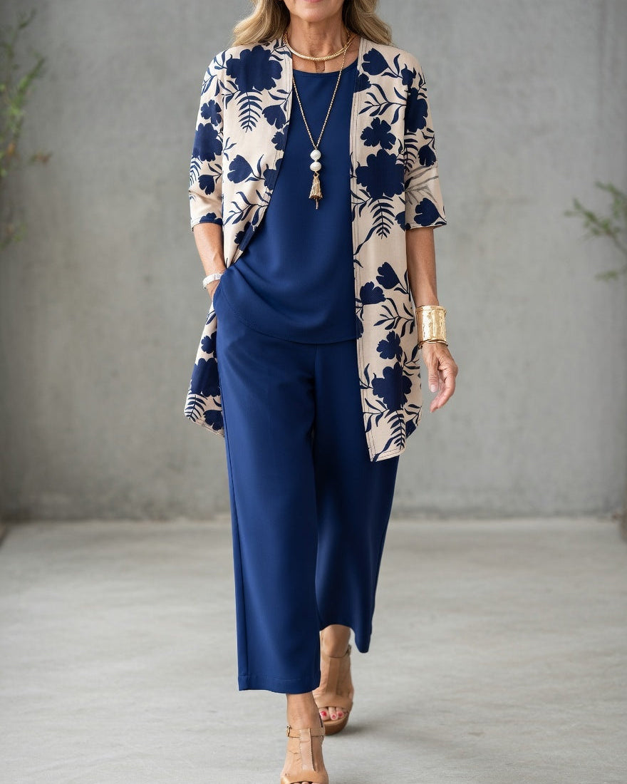 Sabrina - Elegante Driedelige Vrouwenoutfit met Vloeiende Cardigan, Top en Brede Broek