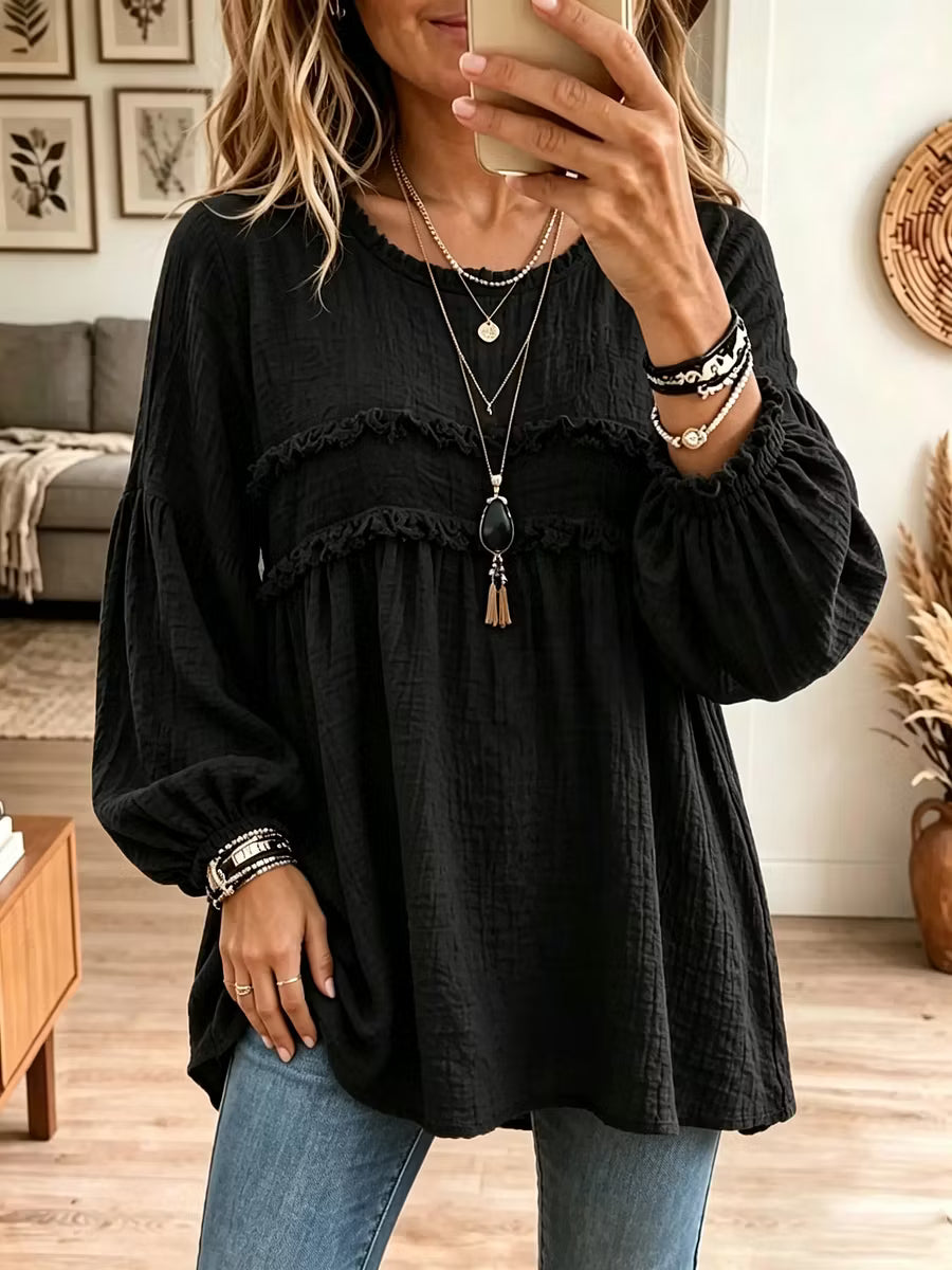 Noëlie - Vrouwelijke babydoll tuniek met volant en ballonmouwen