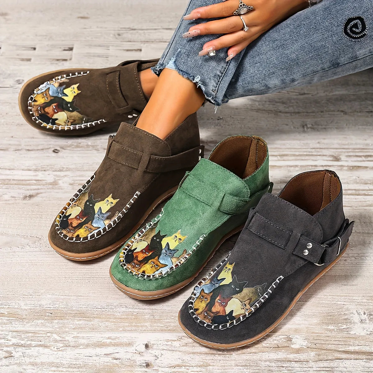 Annefleur - Dames instap mocassins met kattenprint