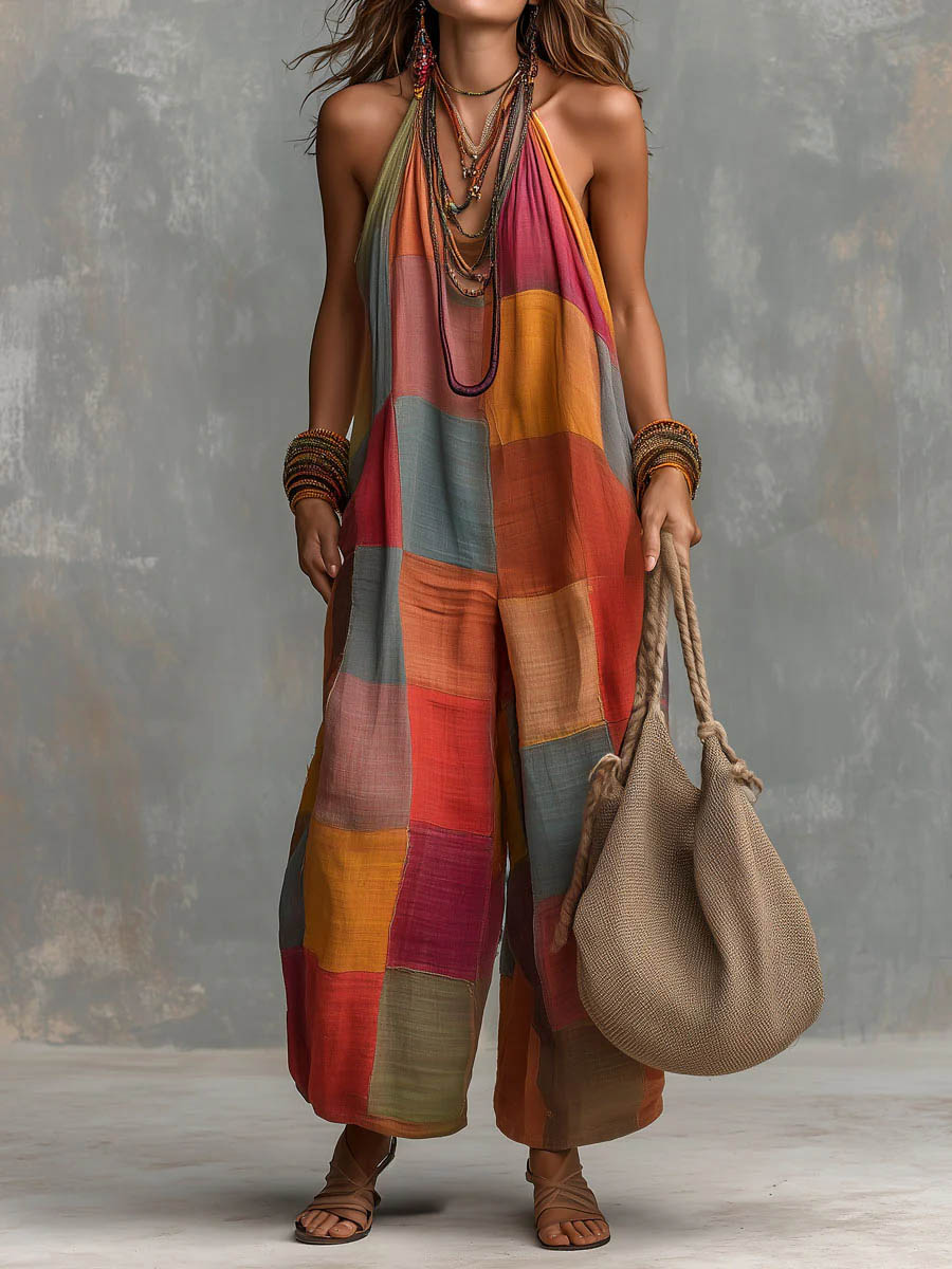 Izzorae - Dames patchwork jumpsuit ruime katoen linnen zomer strand