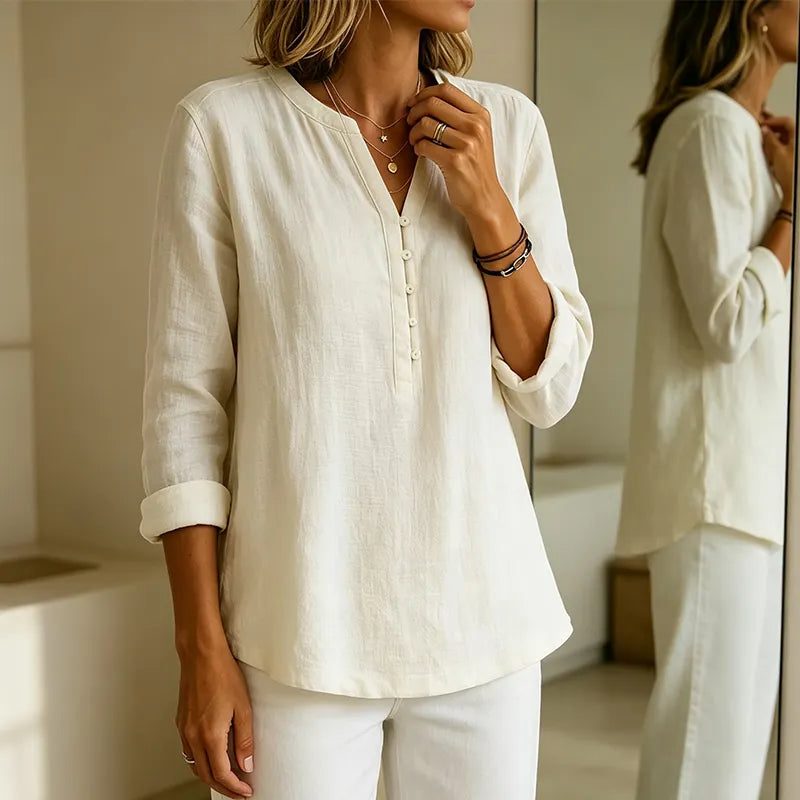 Vaelis - Vrouwelijke losse blouse met V-hals en knopen