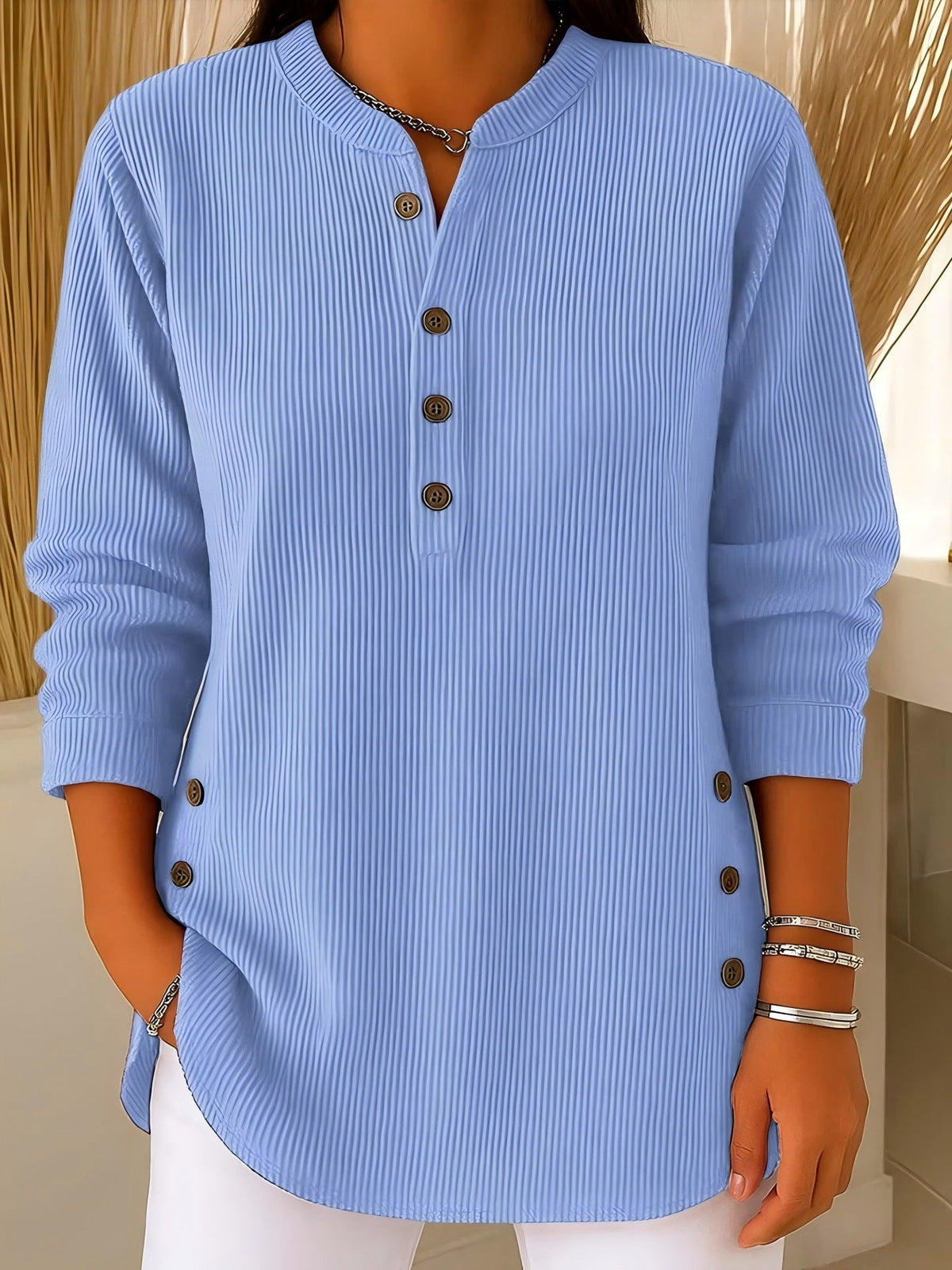 Noortje - Damesblouse met textuur, zijknopen en lange mouwen