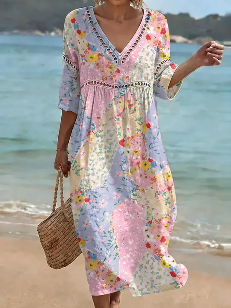 Bruneya - Vrouwen jurk patchwork bloemen vloeiend V-hals zomer strand