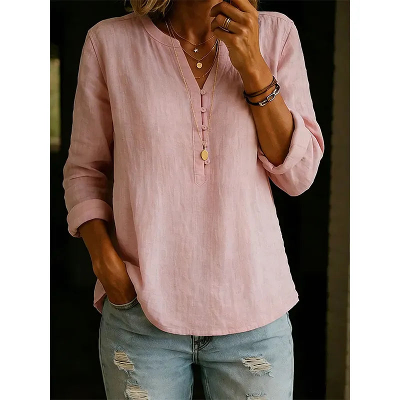 Vaelis - Vrouwelijke losse blouse met V-hals en knopen