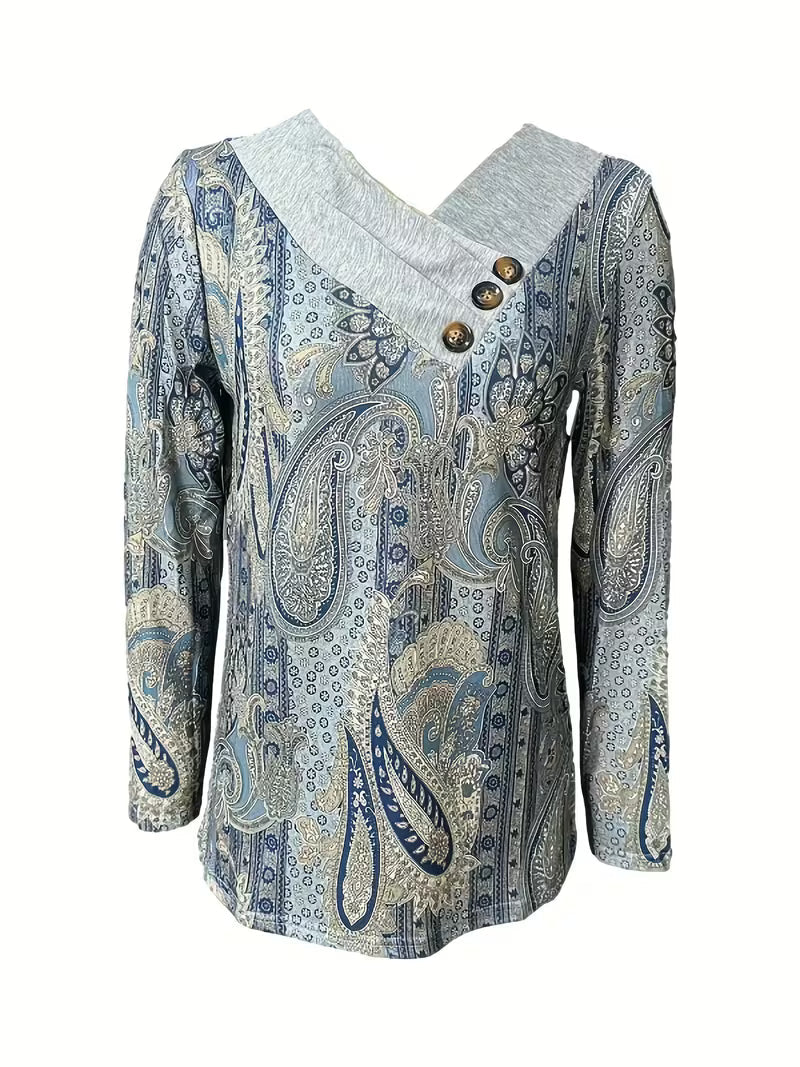 Marije - Dames top met paisleyprint en gedrapeerde knoopkraag