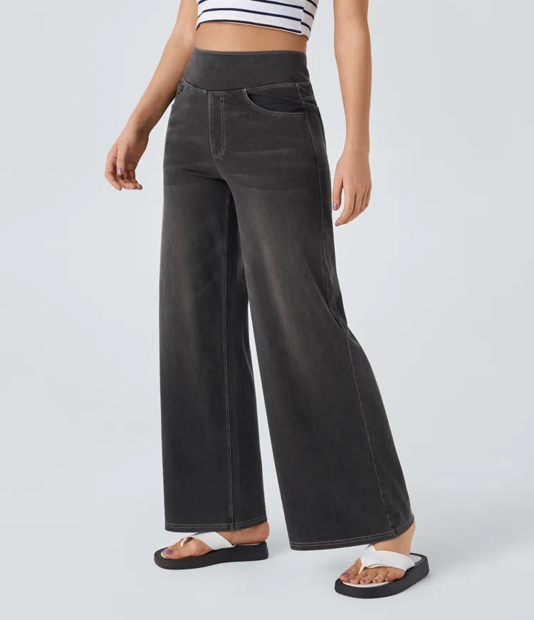 Ruvessa - Dames jeans met hoge taille brede pijpen zeer rekbaar moderne snit