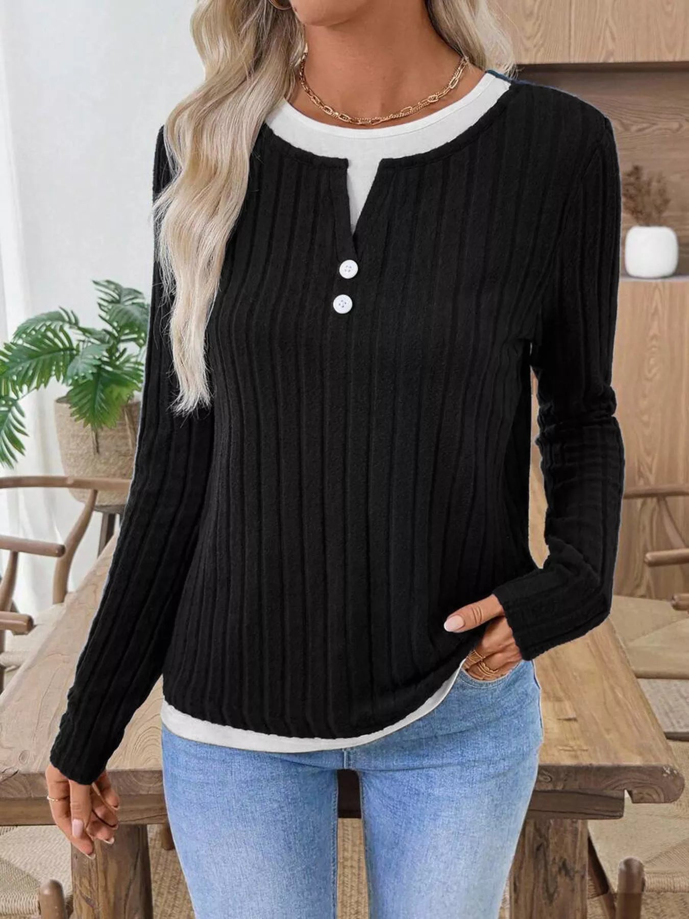 Kalivianne - Geribbelde Winter T-shirt met Lange Mouwen