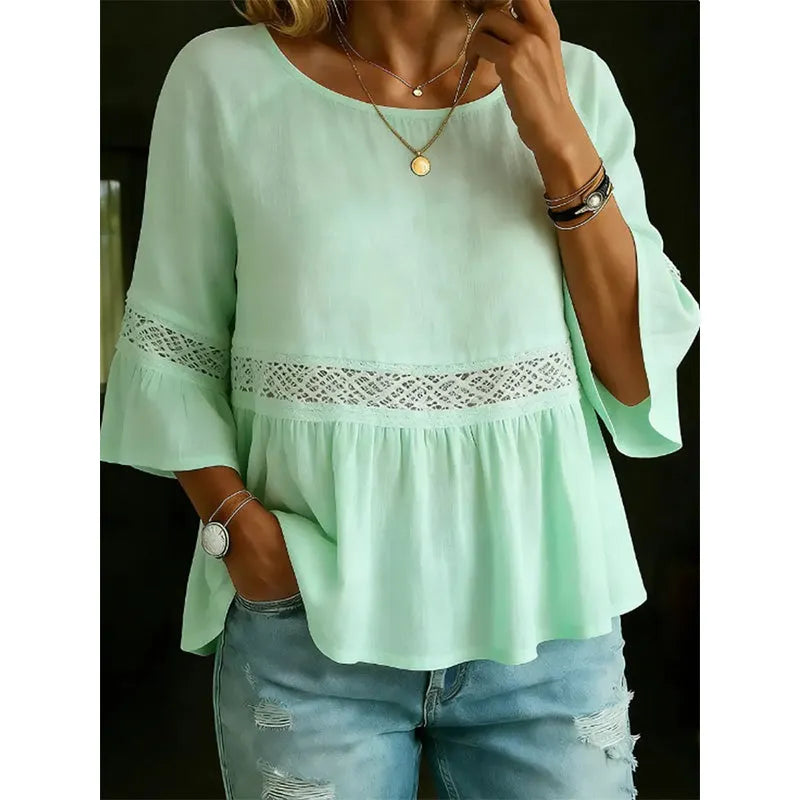 Evarielle - Damesblouse met kant en peplum met volantmouwen