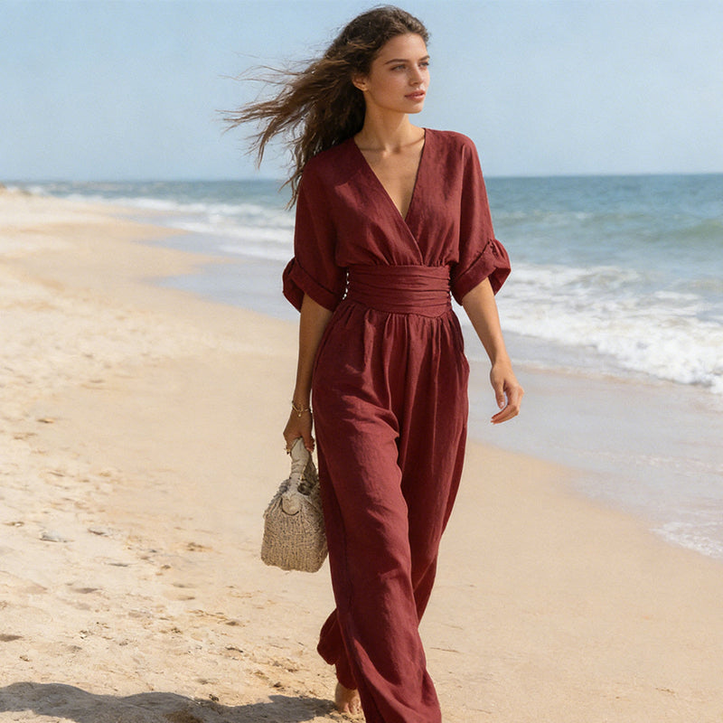 Daxelle - Elegante Dames Jumpsuit Met V-Hals, Getailleerde Taille, Wijde Benen
