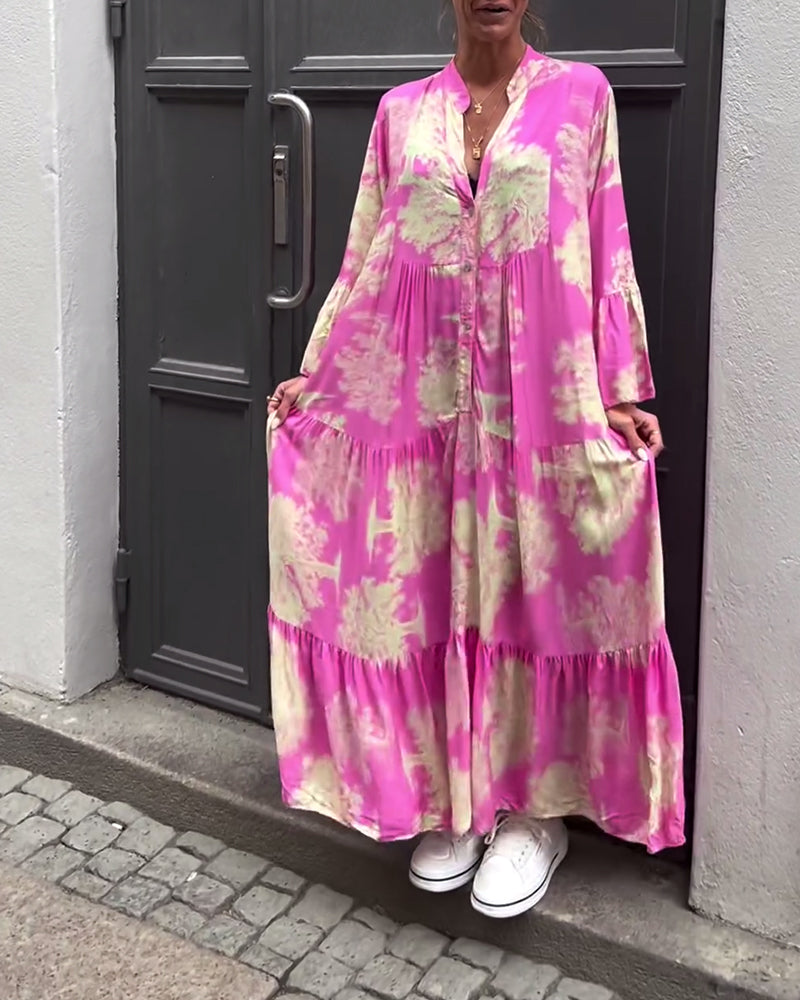 Greta - Losvallende Patchworkjurk met V-hals en Klokmouwen met Print