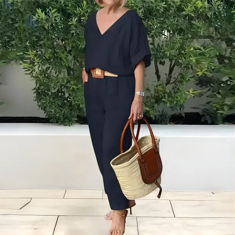 Loxaria - V-hals dames set met broek en zakken in casual stijl