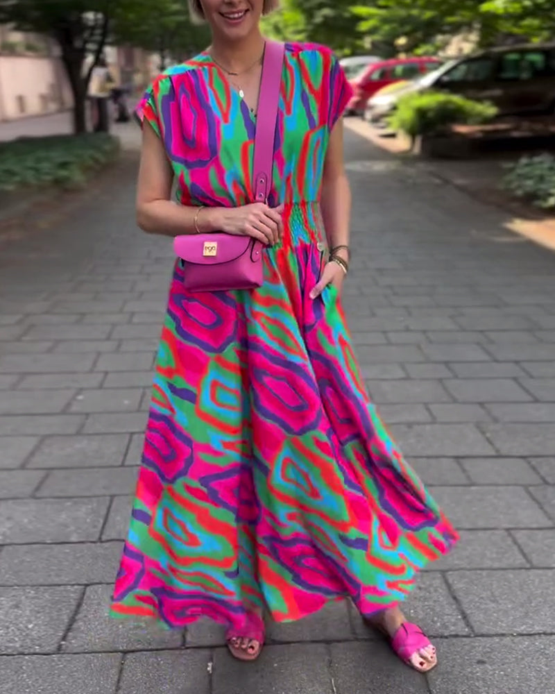 Roxana - Maxi-jurk met kleurrijke print, v-hals en raglanmouwen