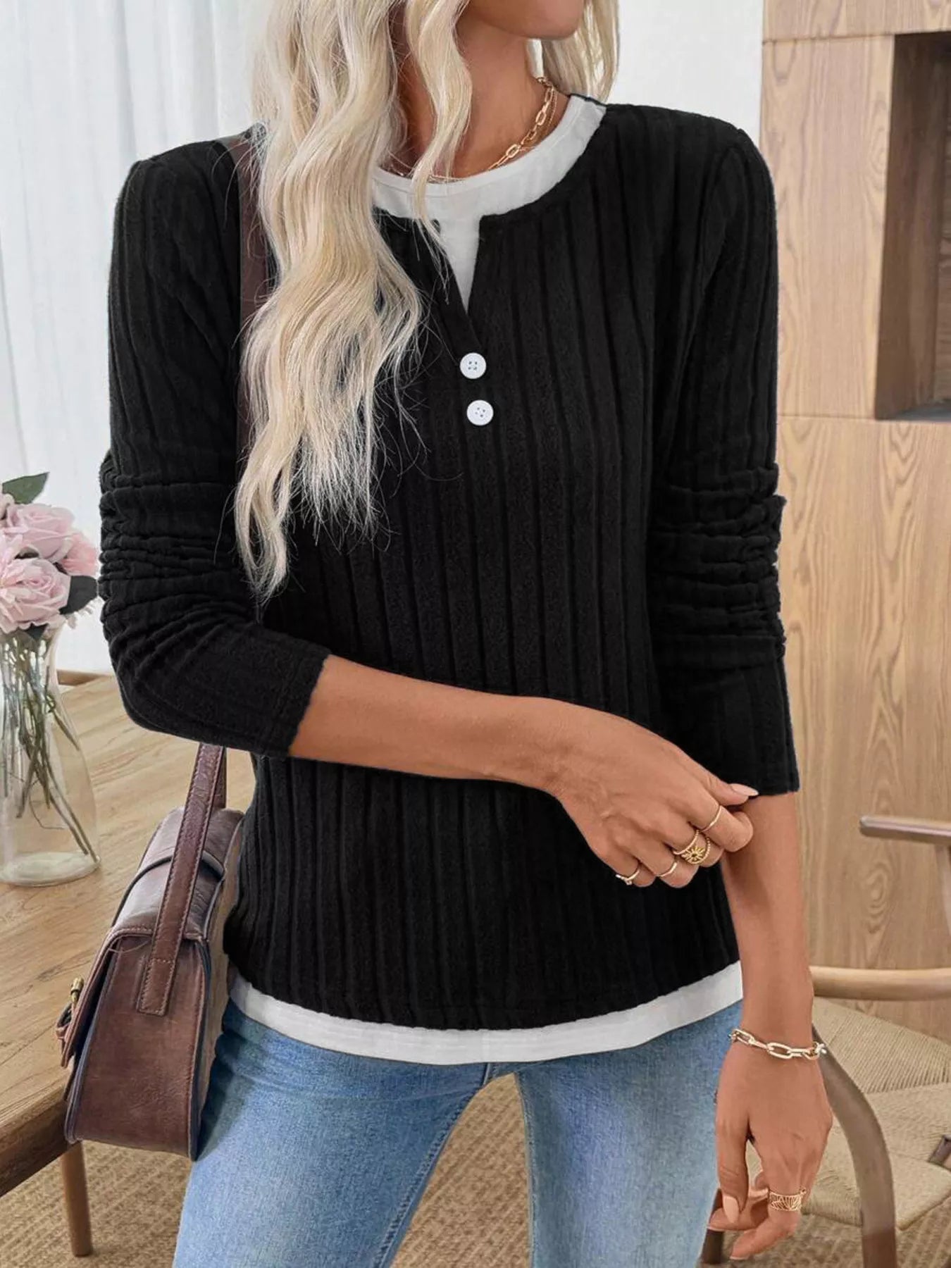 Kalivianne - Geribbelde Winter T-shirt met Lange Mouwen