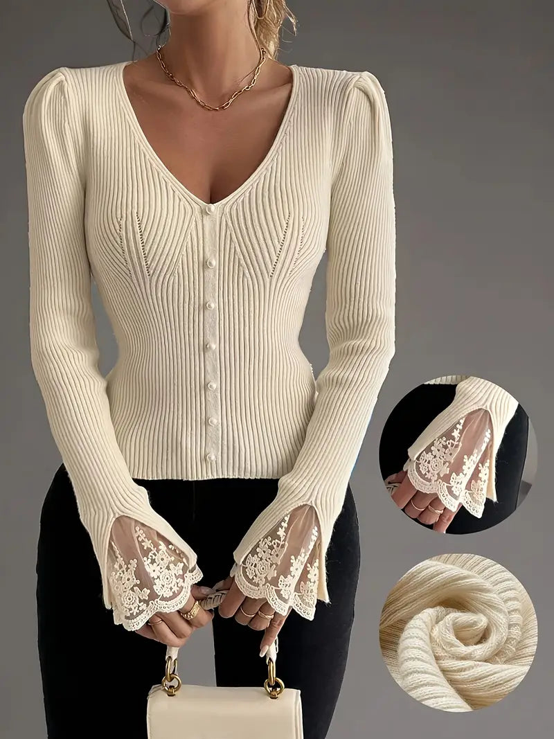 Noralissa - Elegante Trui met Kant en V-Hals