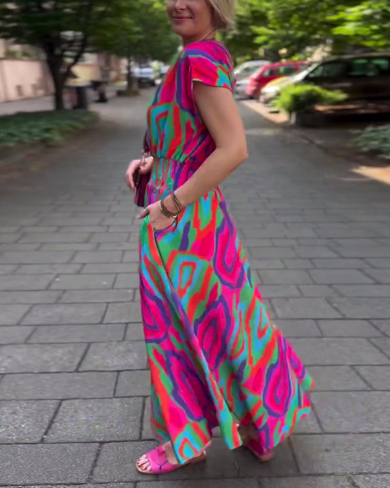 Roxana - Maxi-jurk met kleurrijke print, v-hals en raglanmouwen