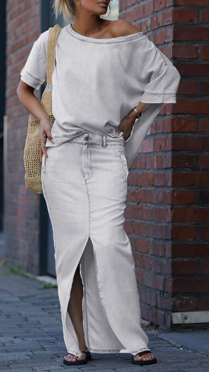 Mireya - Casual damesset in Tencel Denim met ronde halslijn