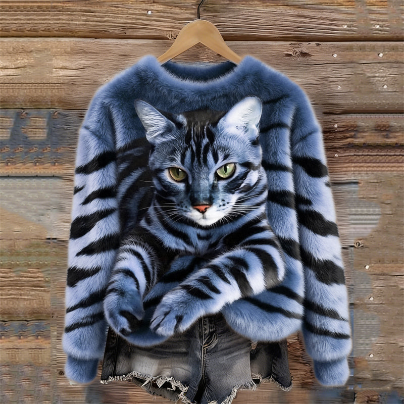 Lunavessine - Plush Sweatshirt met Tijger- en Tabbykatpatroon
