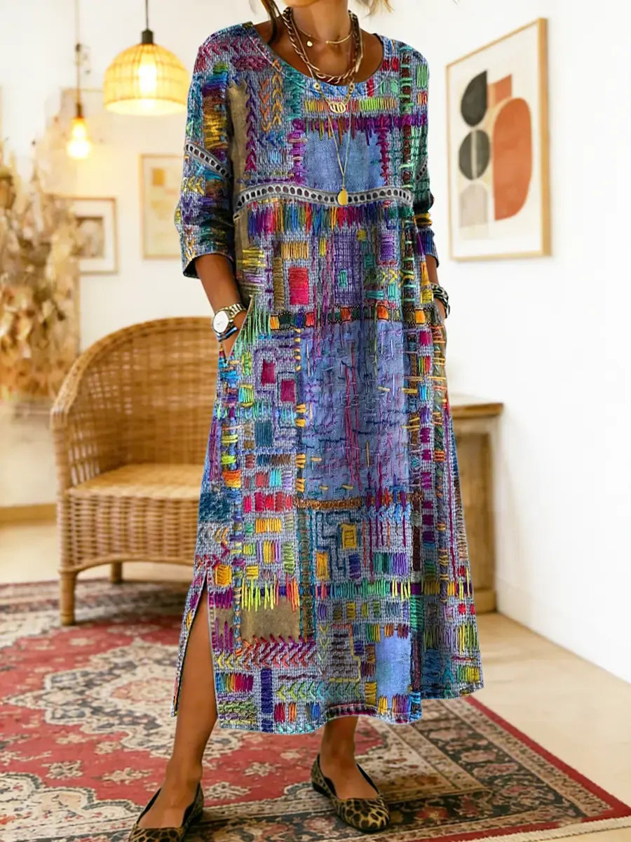 Lunethra - Robe Denim Patchwork Etnisch Dames