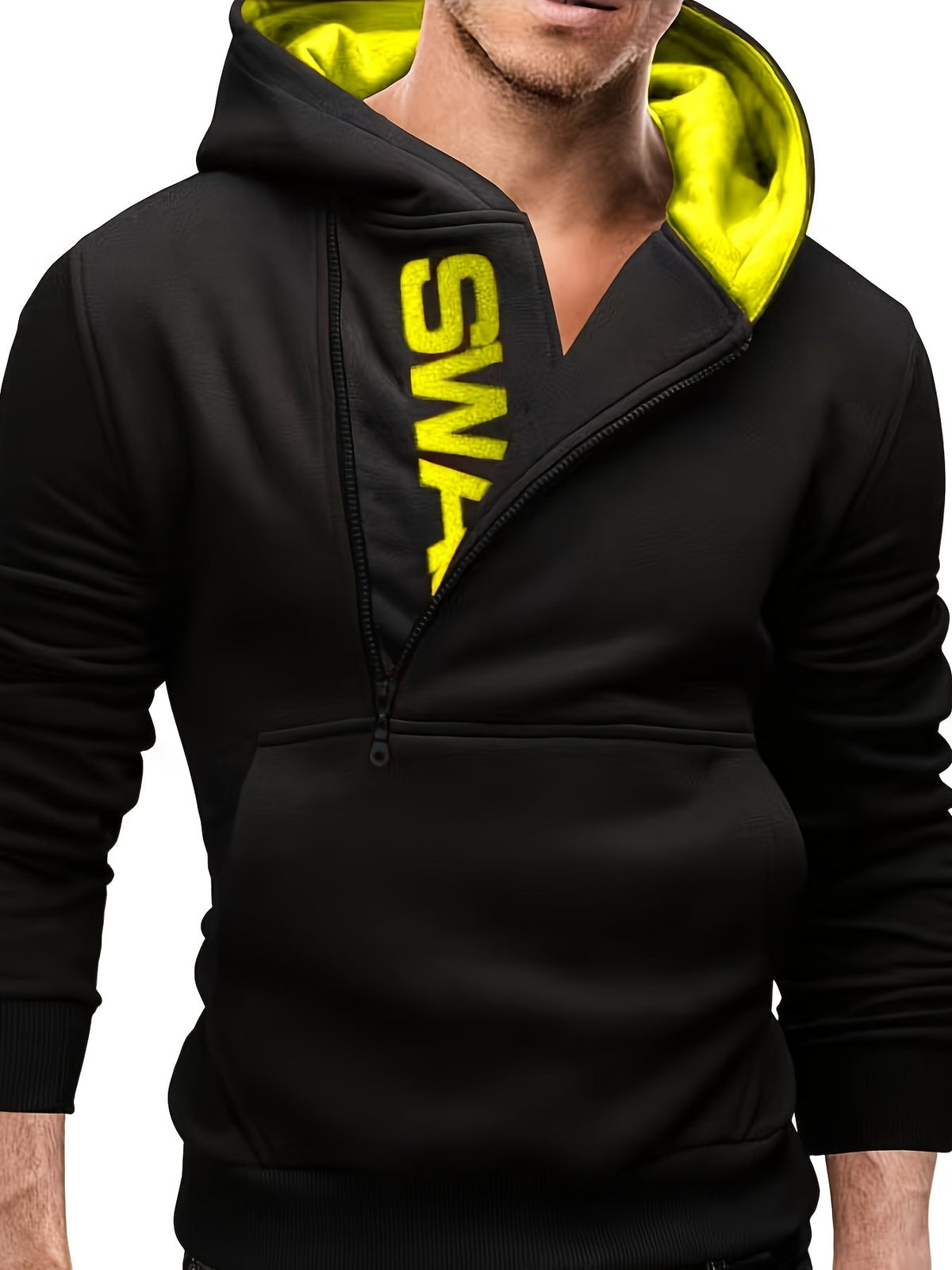 Loic - Slim fit hoodie voor mannen met asymmetrische rits en print