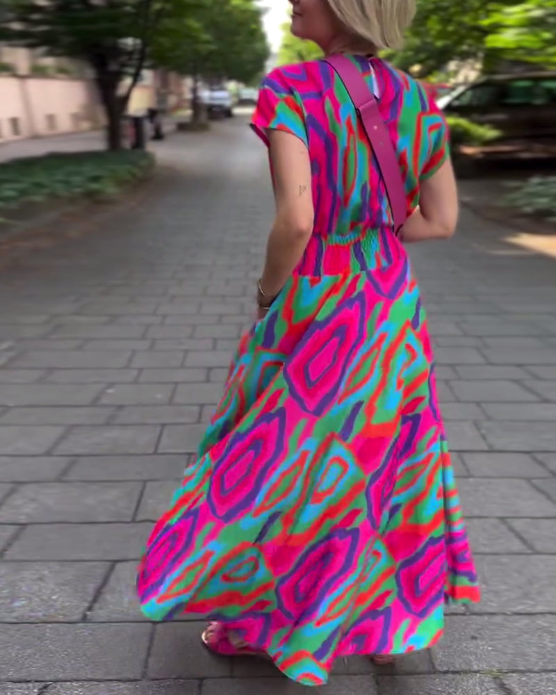 Roxana - Maxi-jurk met kleurrijke print, v-hals en raglanmouwen