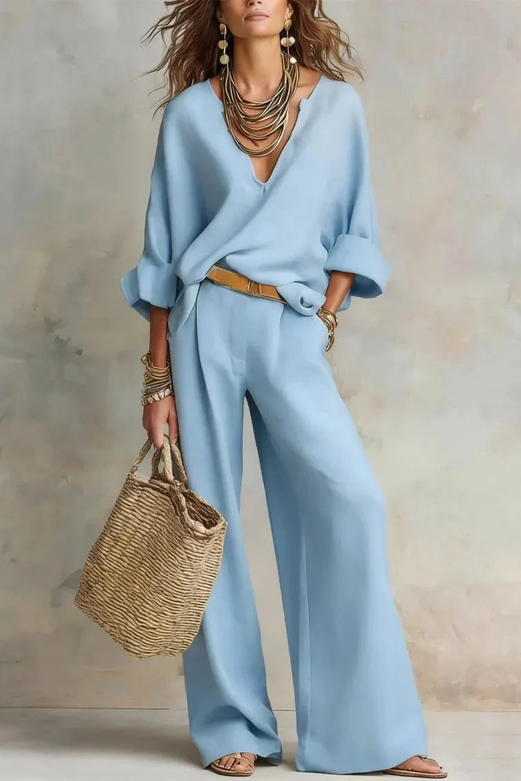 Annemarie - V-hals damesensemble met brede broek