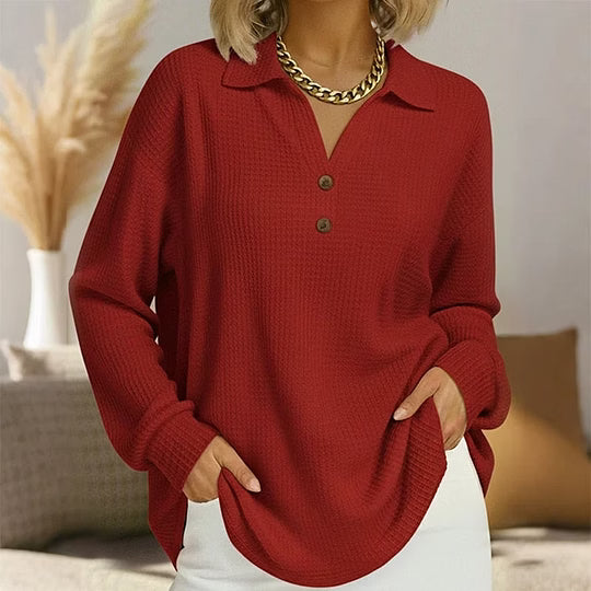 Jorina - Damesblouse met V-hals, Knopen en Lange Mouwen in Gewatteerd Breiwerk