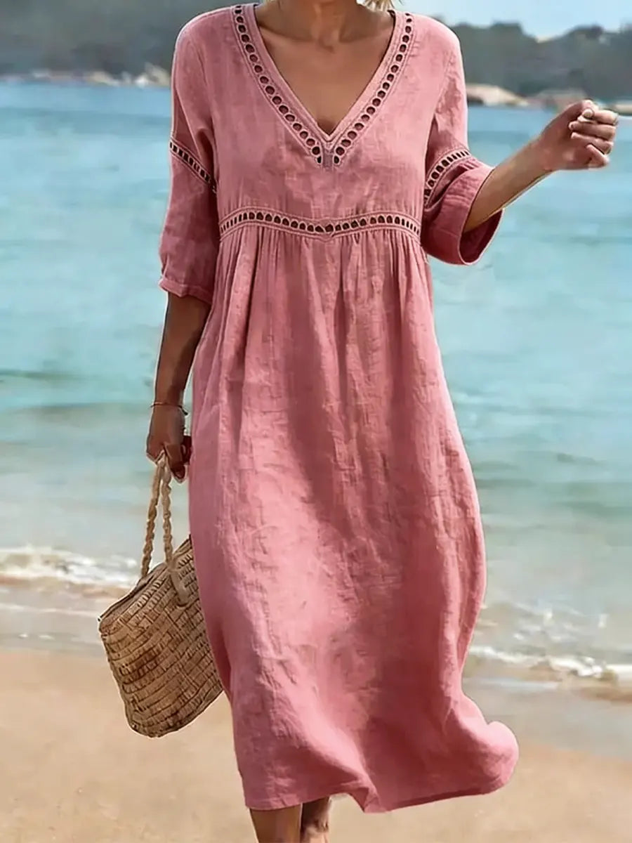 Rynoxa - Midi jurk voor vrouwen, vloeiend, V-hals, brede mouwen, elegante natuurlijke stijl
