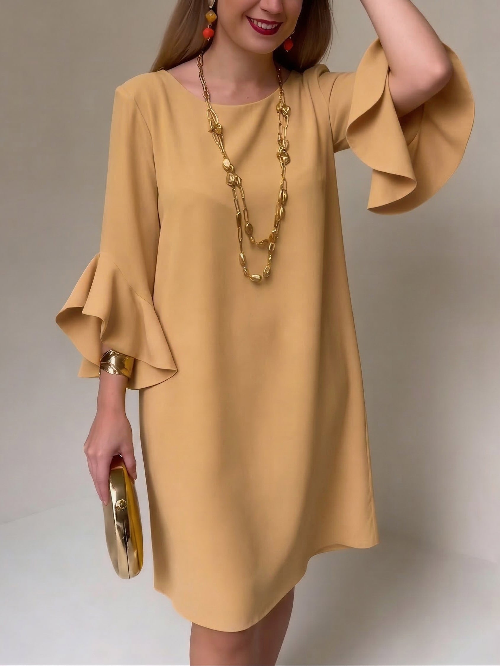 Eryza - Vrouwelijke Vloeiende Jurk met Volants Mouwen Comfortabele Snit Elegante Stijl