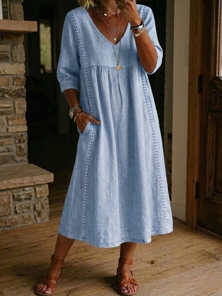 Jaxine - Dames Jurk Patchwork Kant Katoen Linnen Casual Zomer
