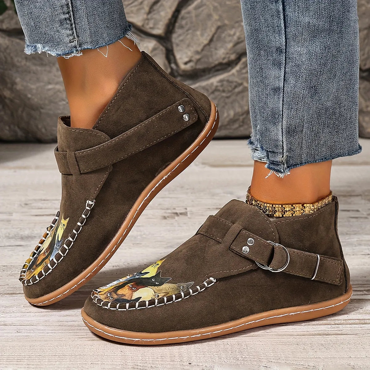 Annefleur - Dames instap mocassins met kattenprint