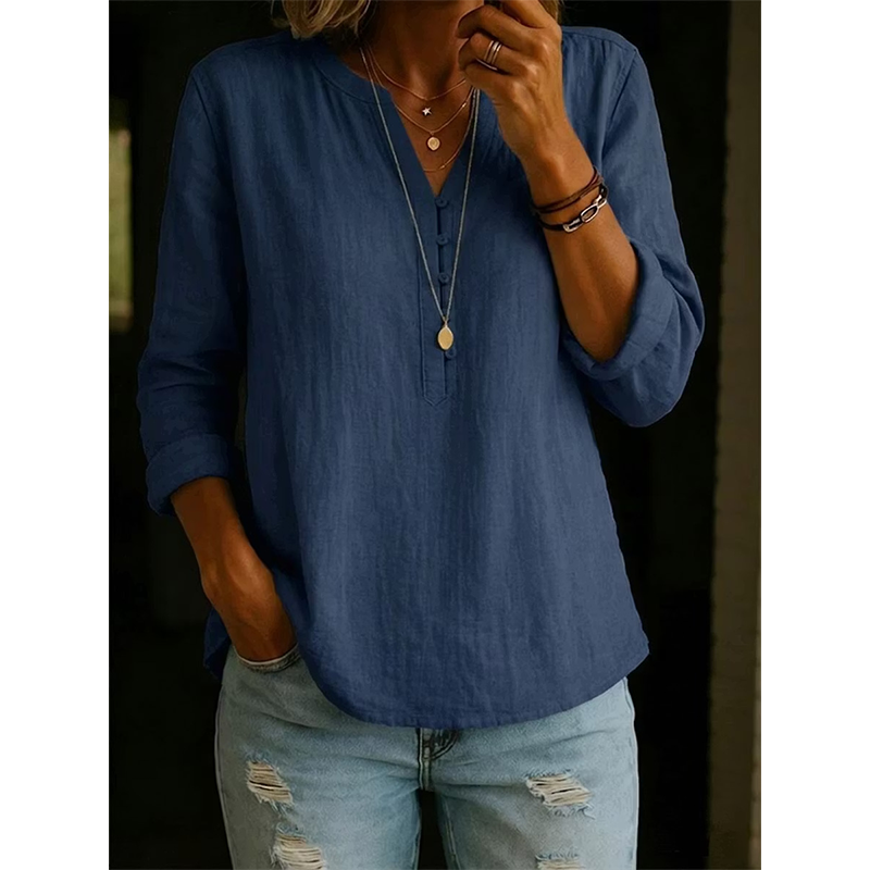 Vaelis - Vrouwelijke losse blouse met V-hals en knopen