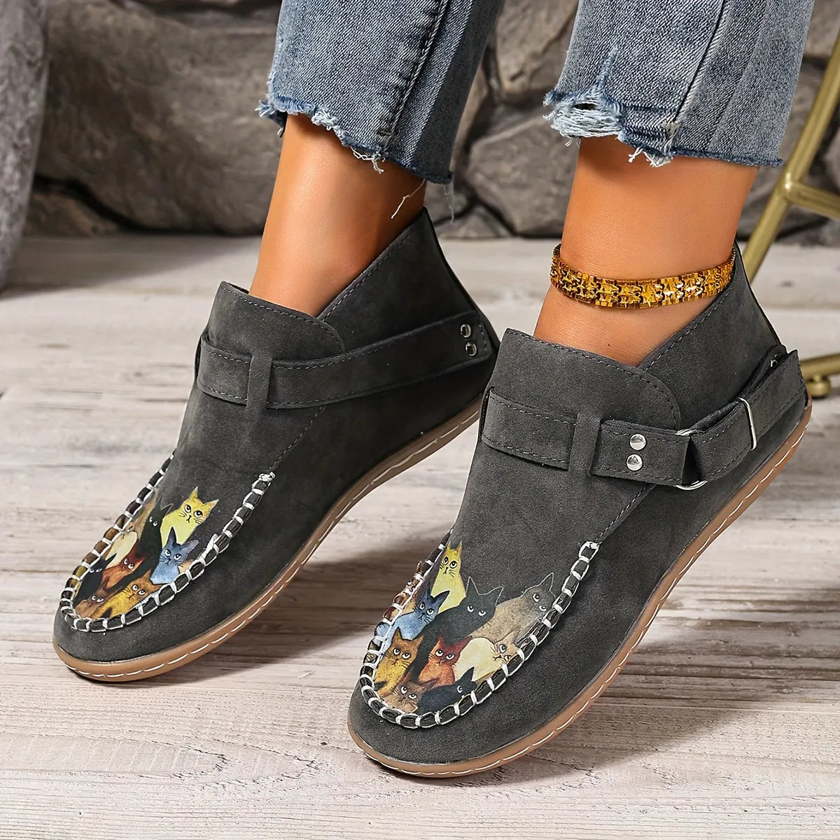 Annefleur - Dames instap mocassins met kattenprint
