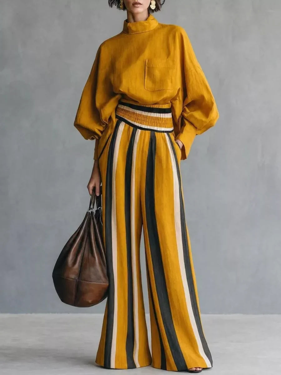 Eeke - Vrouwen ensemble met hoge kraag en gestreepte broek