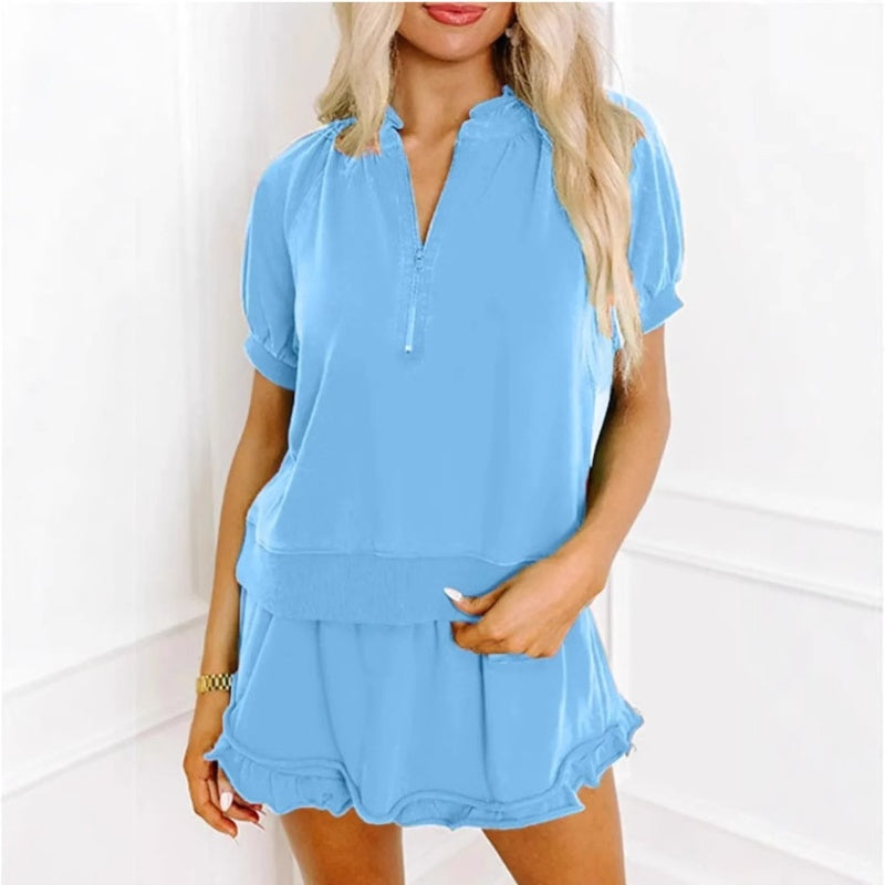 Talyssa - Twee-delig damesensemble met rits t-shirt en volant short