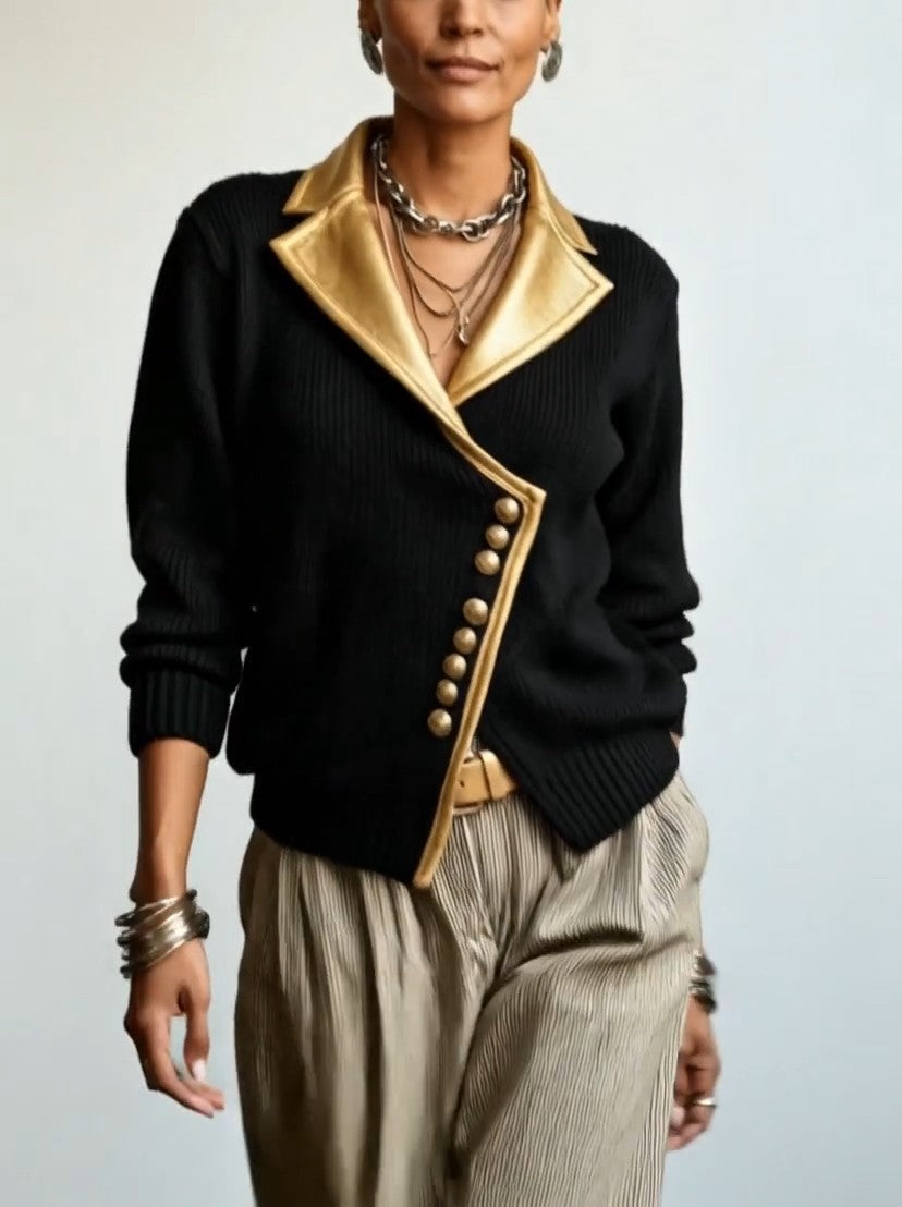 Djoeke - Dames cardigan van ribstof met sjaalkraag en metallic details