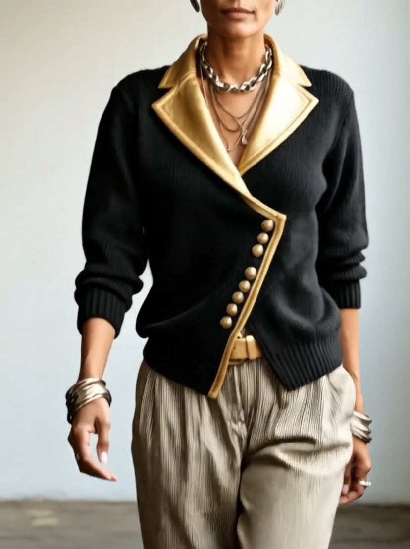 Djoeke - Dames cardigan van ribstof met sjaalkraag en metallic details