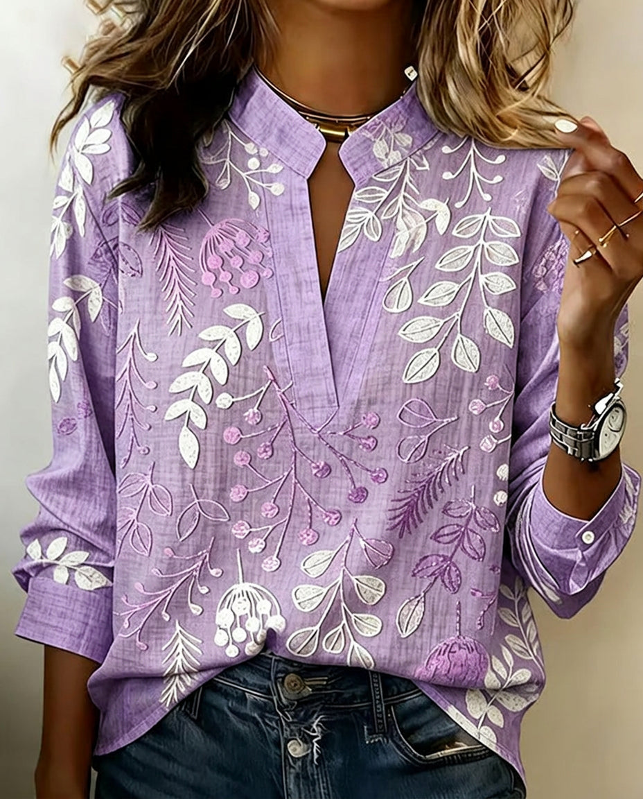 Drynora - Damesblouse met bloemenprint open kraag lange mouwen elegante stijl