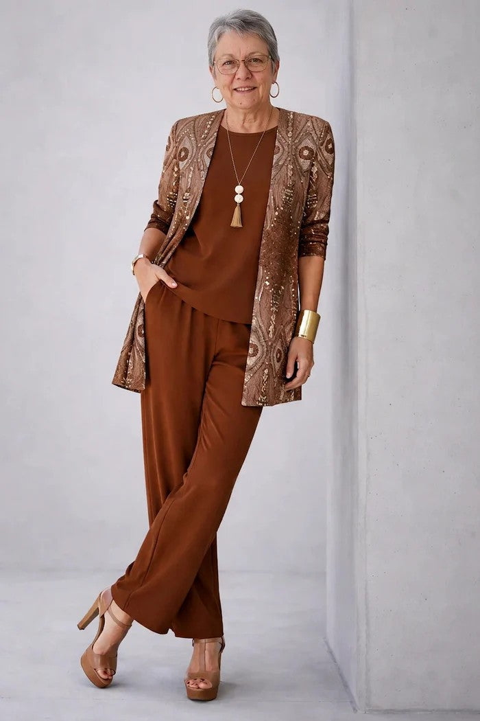 Maxine - Drie-delig damesensemble met elegante bedrukte cardigan