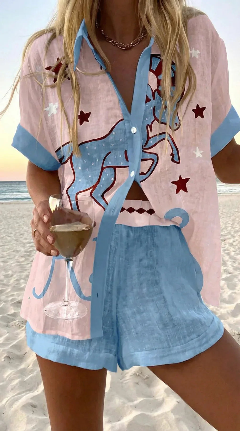 Faselyra - Dames set met shirt en korte broek met vissenprint in bohemian strandstijl