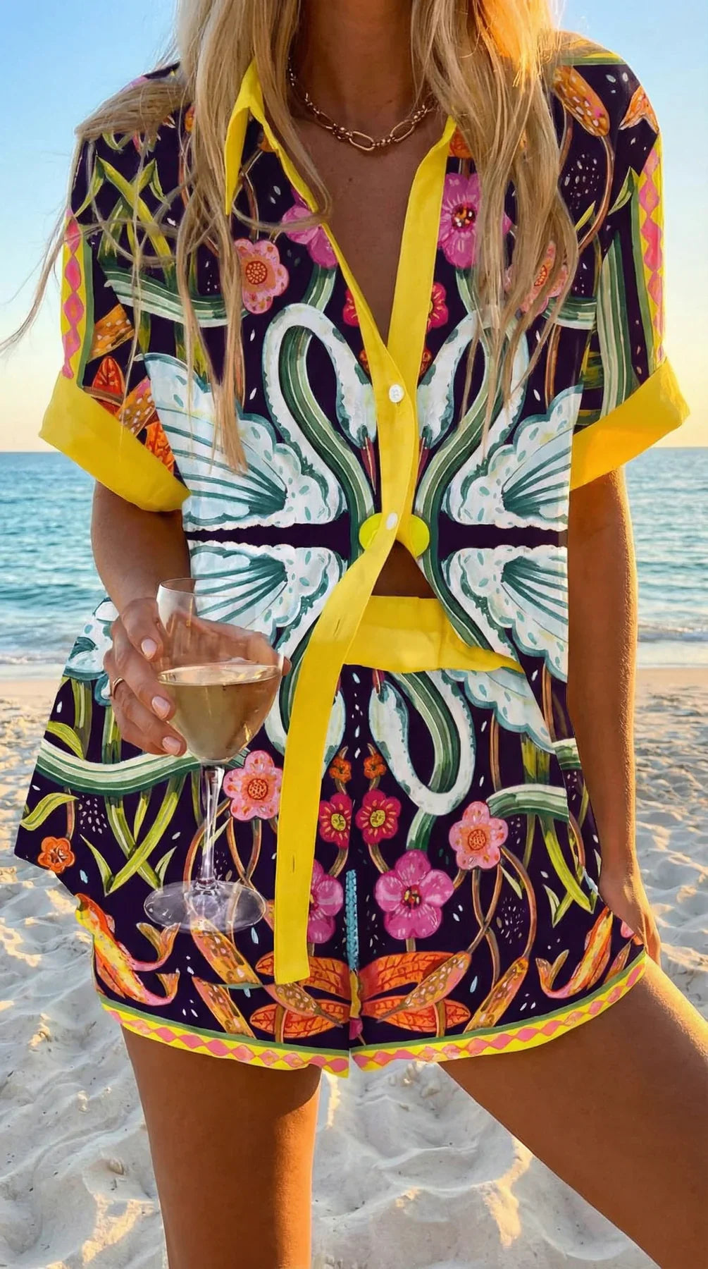 Faselyra - Dames set met shirt en korte broek met vissenprint in bohemian strandstijl