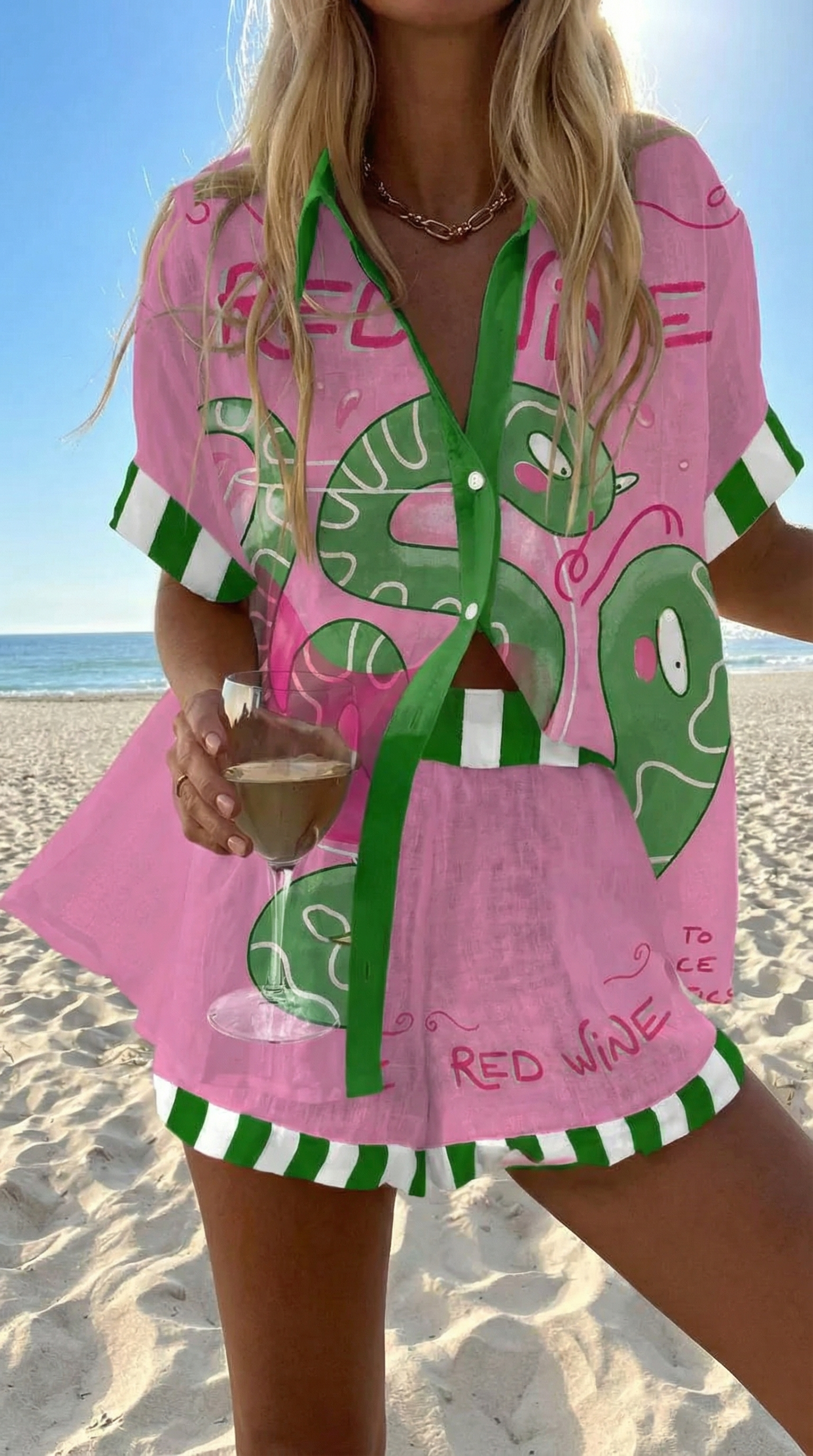 Faselyra - Dames set met shirt en korte broek met vissenprint in bohemian strandstijl