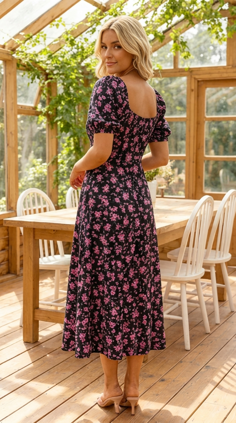Cirella - Midi jurk voor dames in zwart met roze bloemenprint