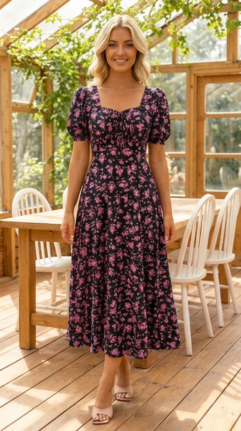 Cirella - Midi jurk voor dames in zwart met roze bloemenprint
